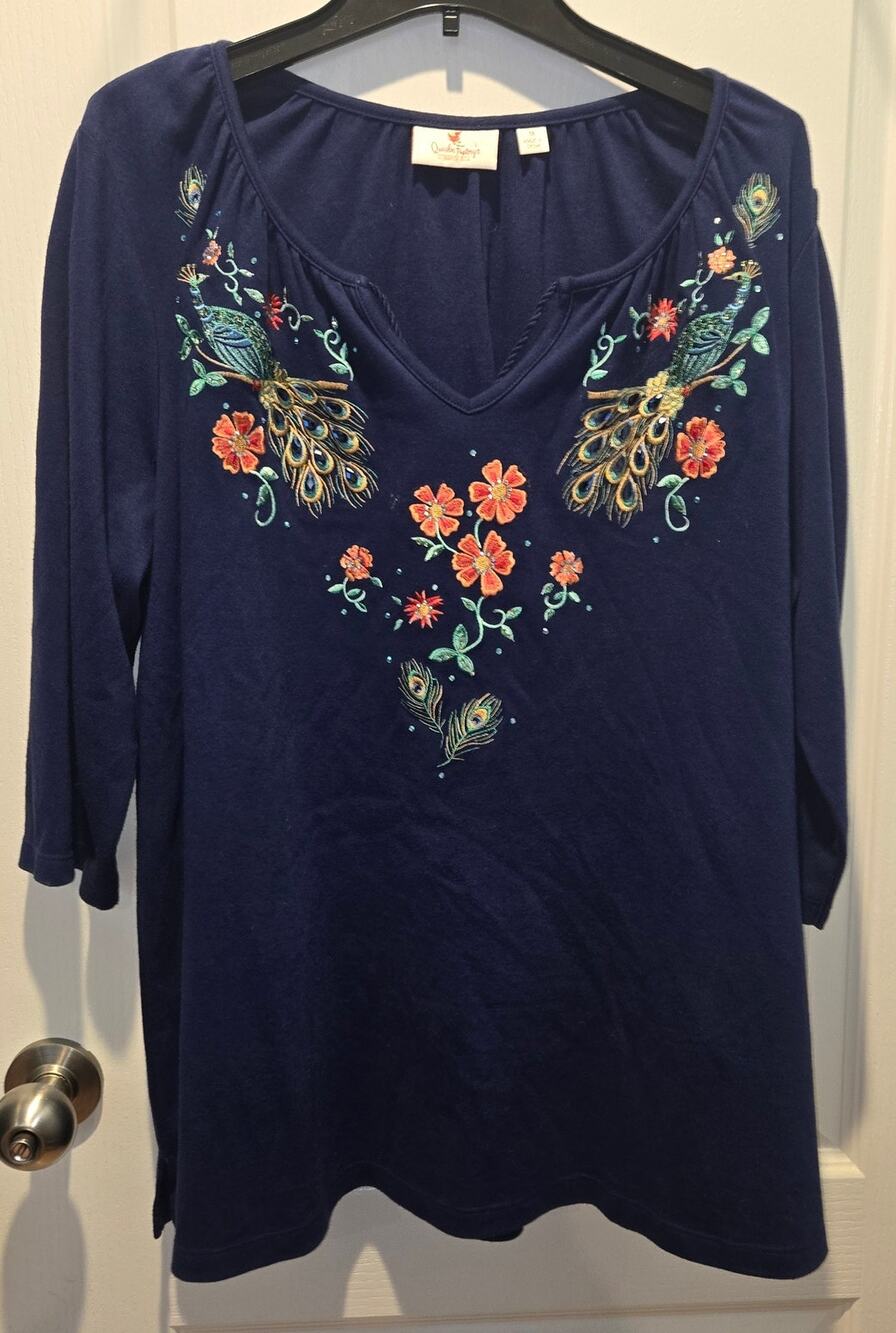 Quacker Factory Embroidered Peacock Shirt Embellished Top blue Women’s Plus 1X